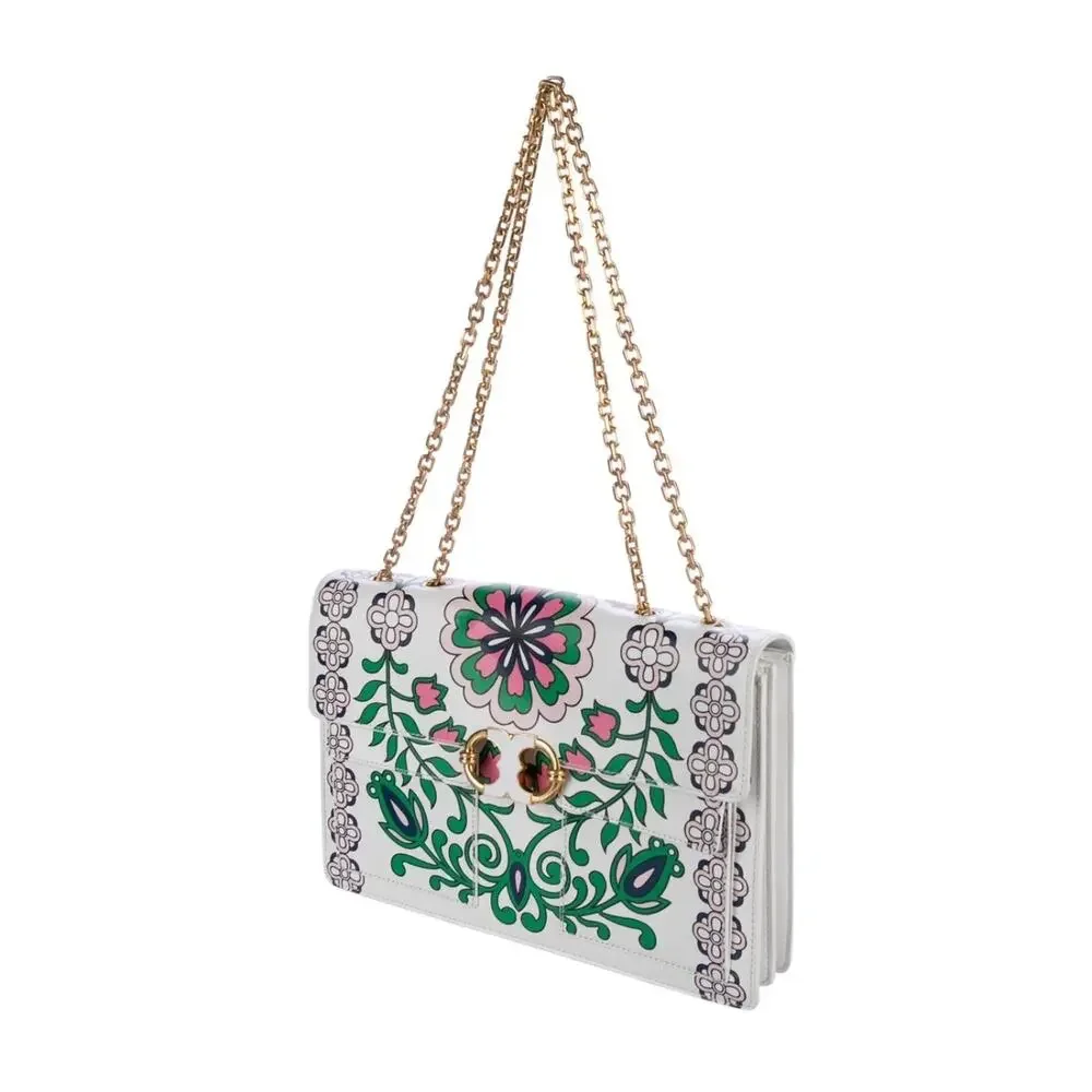 $625 Tory Burch White Garden Party Gemini Link Tri-Fold Leather Shoulder Bag